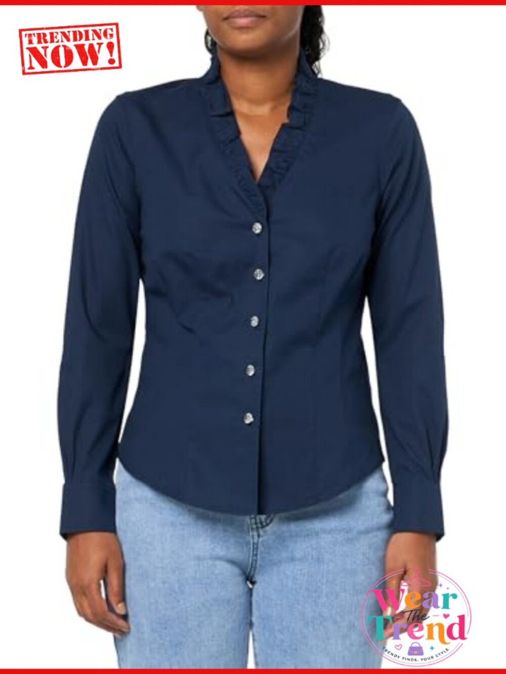Fitted Non-Iron Stretch Ruffle Blouse Button Down Long Sleeve
